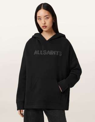 AllSaints - Ettienne - Kapuzenpullover in Schwarz mit Sicherheitsnadel-Print