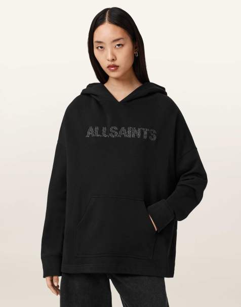AllSaints – Ettienne – Kapuzenpullover in Schwarz mit Sicherheitsnadel-Print - view 1