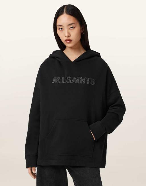 AllSaints – Ettienne – Kapuzenpullover in Schwarz mit Sicherheitsnadel-Print