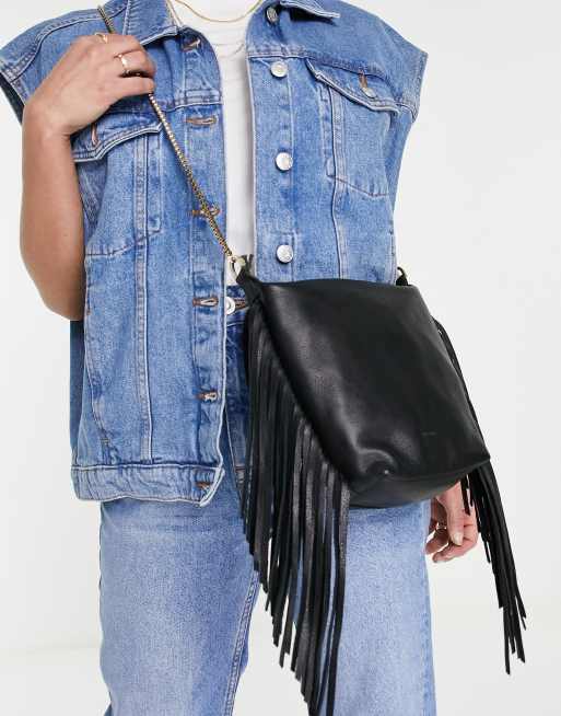 Black leather clearance fringe crossbody bag