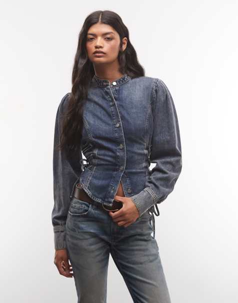 AllSaints Evanna long sleeve mock neck tie up denim shirt in washed blue - view 1