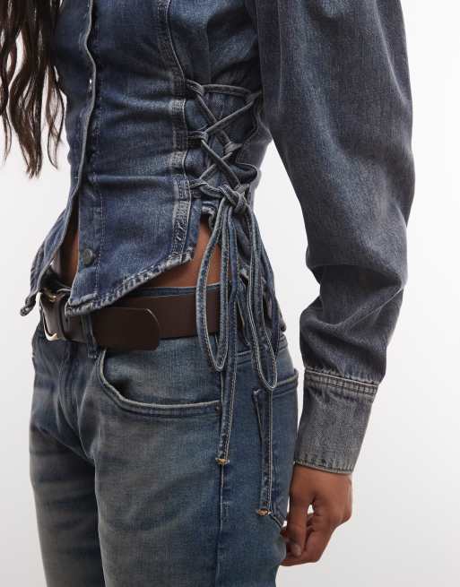 AllSaints Evanna long sleeve mock neck tie up denim shirt in washed blue, 3 of 4