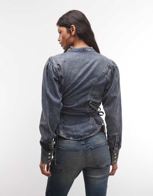 AllSaints Evanna long sleeve mock neck tie up denim shirt in washed blue, 4 of 4