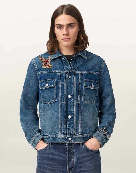 AllSaints – Exile – Jacke in verwaschenem Indigoblau mit Aufnähern - view 1