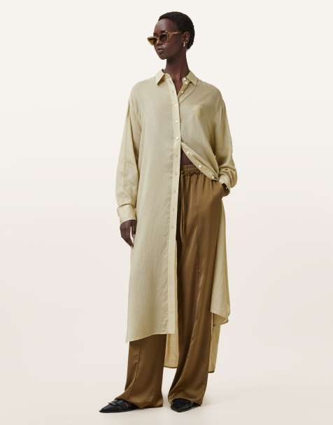 AllSaints – Ezra – Hemdblusenkleid in Olivgelb - view 1