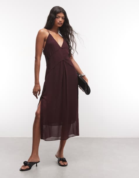 AllSaints Fawn Cami-Midikleid aus Chiffon mit V-Ausschnitt und Lagen in Oxbloodrot - view 1