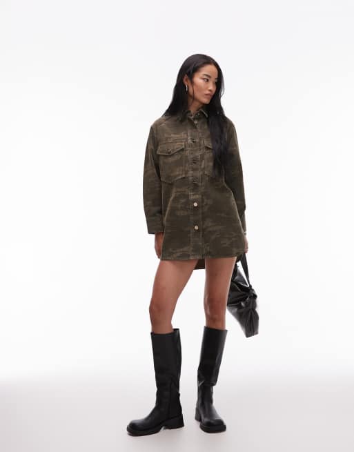 Allsaints Faye camo flocked dress in green | ASOS