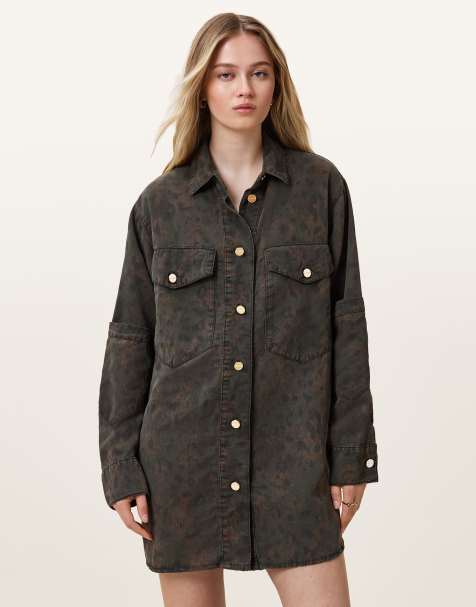 AllSaints – Faye – Hemdjackenkleid in Styx Leo-Grün - view 1