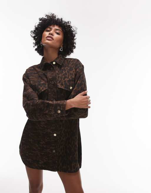 AllSaints Faye shacket dress in camo brown