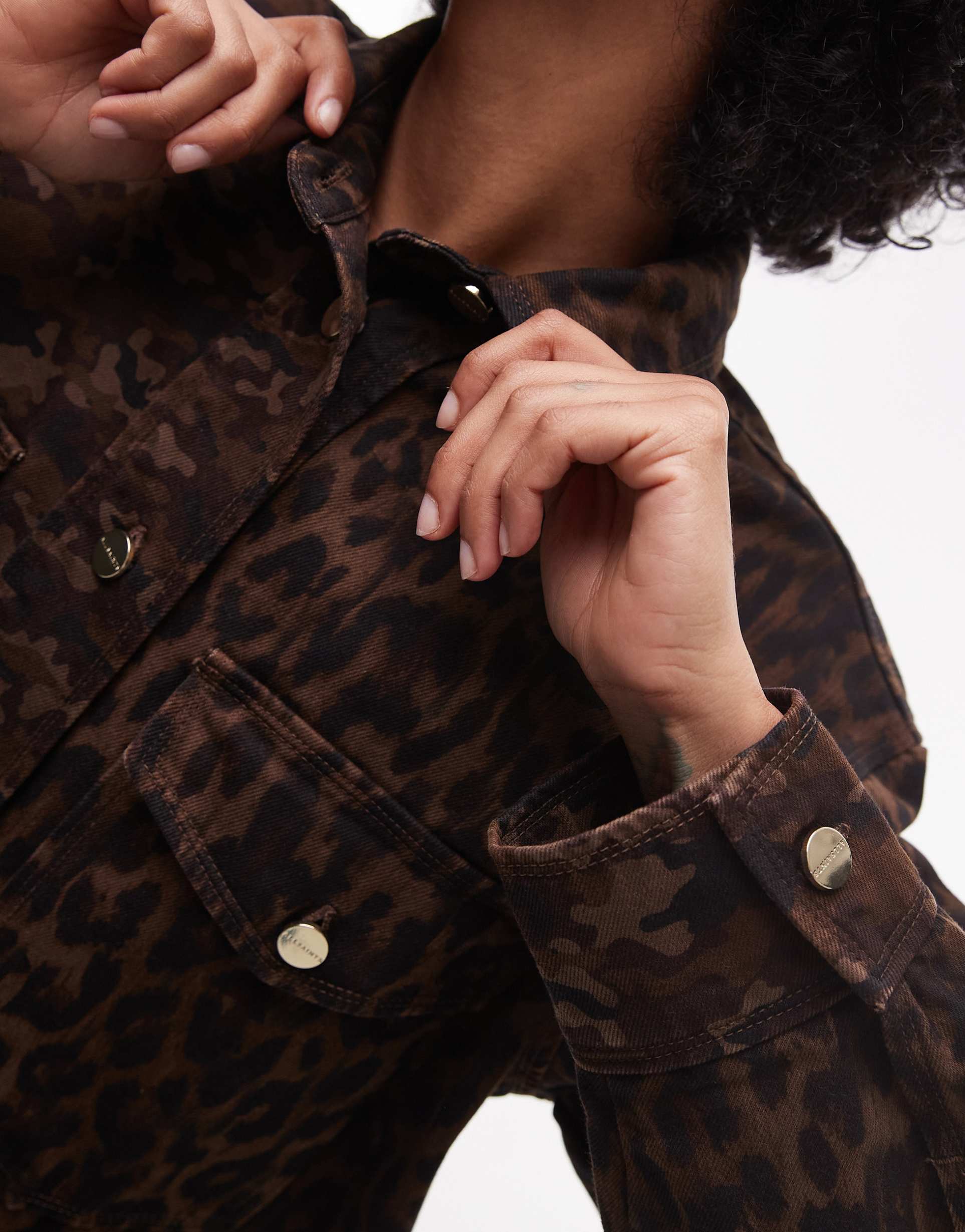 allsaints faye shacket dress in camo brown
