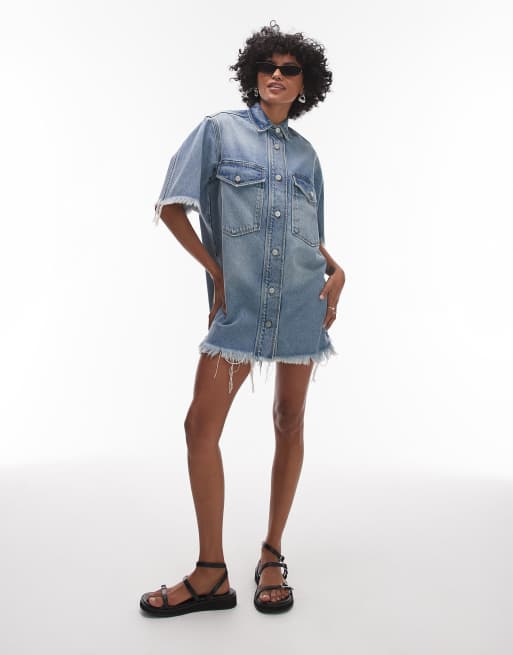 AllSaints Faye short sleeve denim dress in light indigo | ASOS