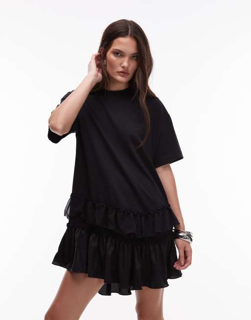 Allsaints Fayre ruffle short sleeve mini dress in black - BLACK