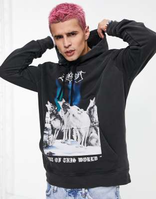 AllSaints - Felpa con cappuccio nera con stampa 