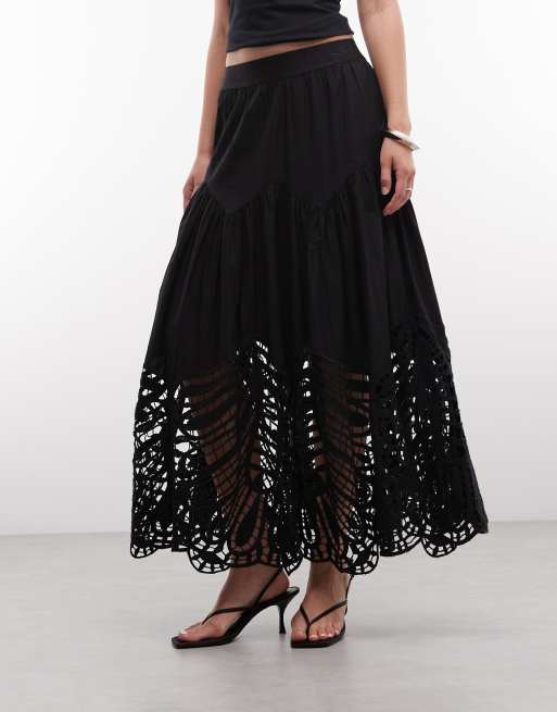 AllSaints - Femi - Falda midi negra con diseño calado de hojas, 3 de 5