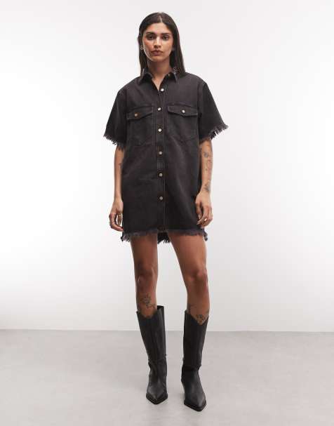 AllSaints Filou short sleeve frayed denim mini dress in overdyed washed black denim - view 1
