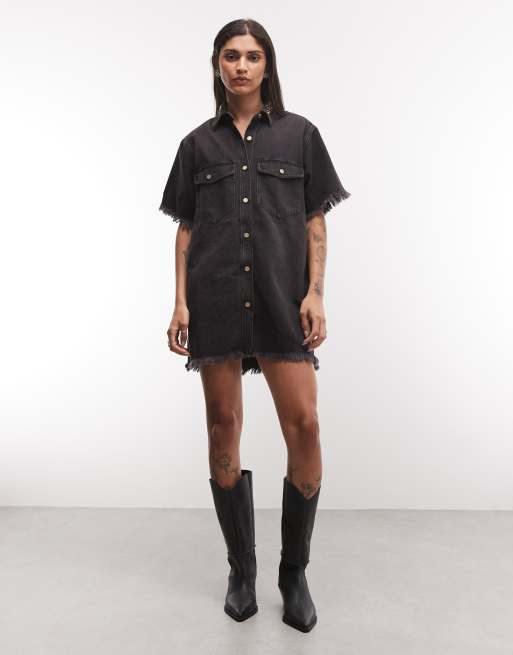 AllSaints Filou short sleeve frayed denim mini dress in overdyed washed black denim, 2 of 4
