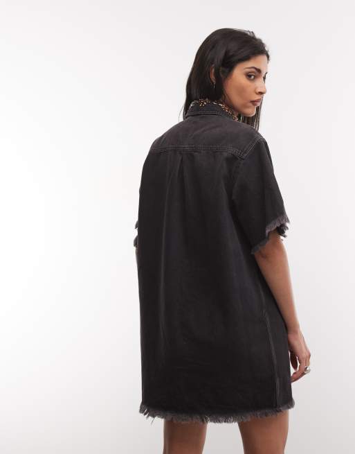 AllSaints Filou short sleeve frayed denim mini dress in overdyed washed black denim, 4 of 4