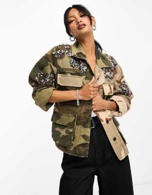 AllSaints Finch embroidered utility jacket in camo