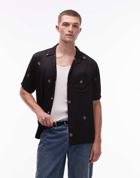 AllSaints Fleur peach short sleeve shirt in jet black - BLACK