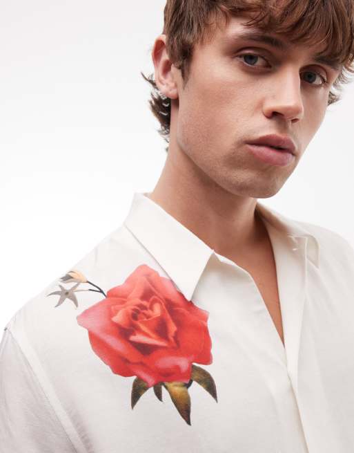 AllSaints Fleur Fazed short sleeve linen blend strawberry printed shirt in white, 4 of 5