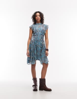 Allsaints Fleur Floral Ruffled Mini Dress In Blue