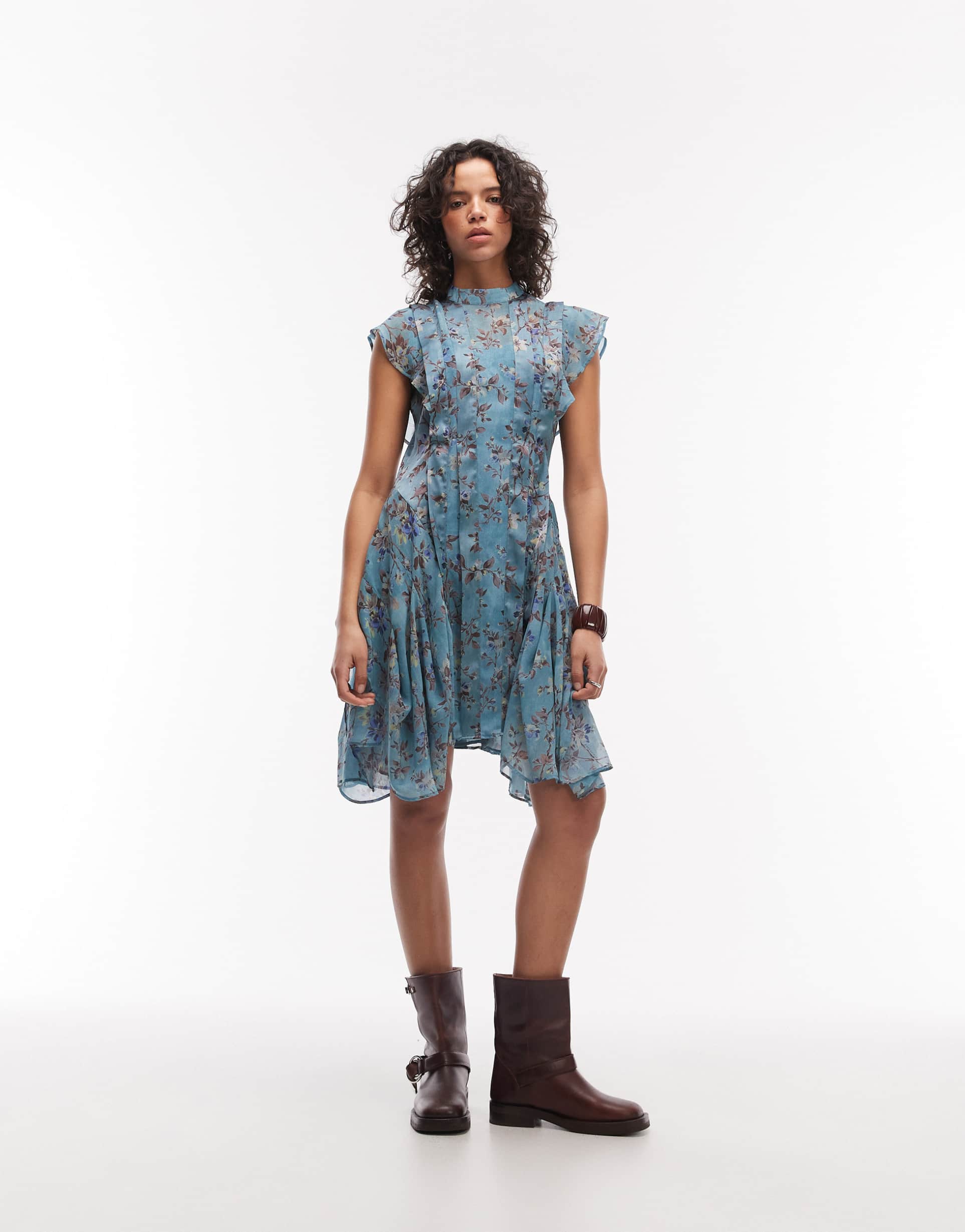 allsaints fleur floral ruffled mini dress in lake blue