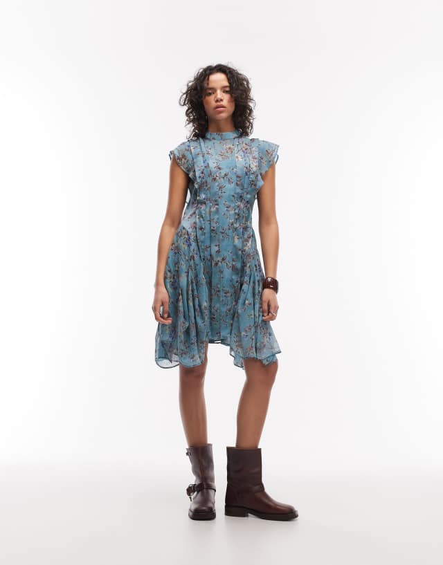 AllSaints fleur floral ruffled mini dress in lake blue | ASOS