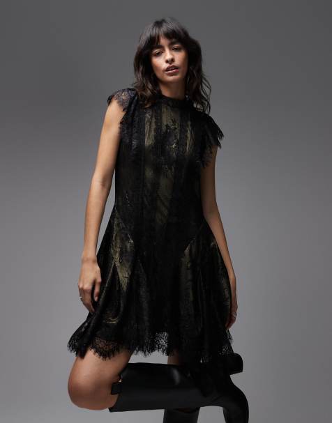 Allsaints fleur lace and tulle mini dress in black and gold - view 1