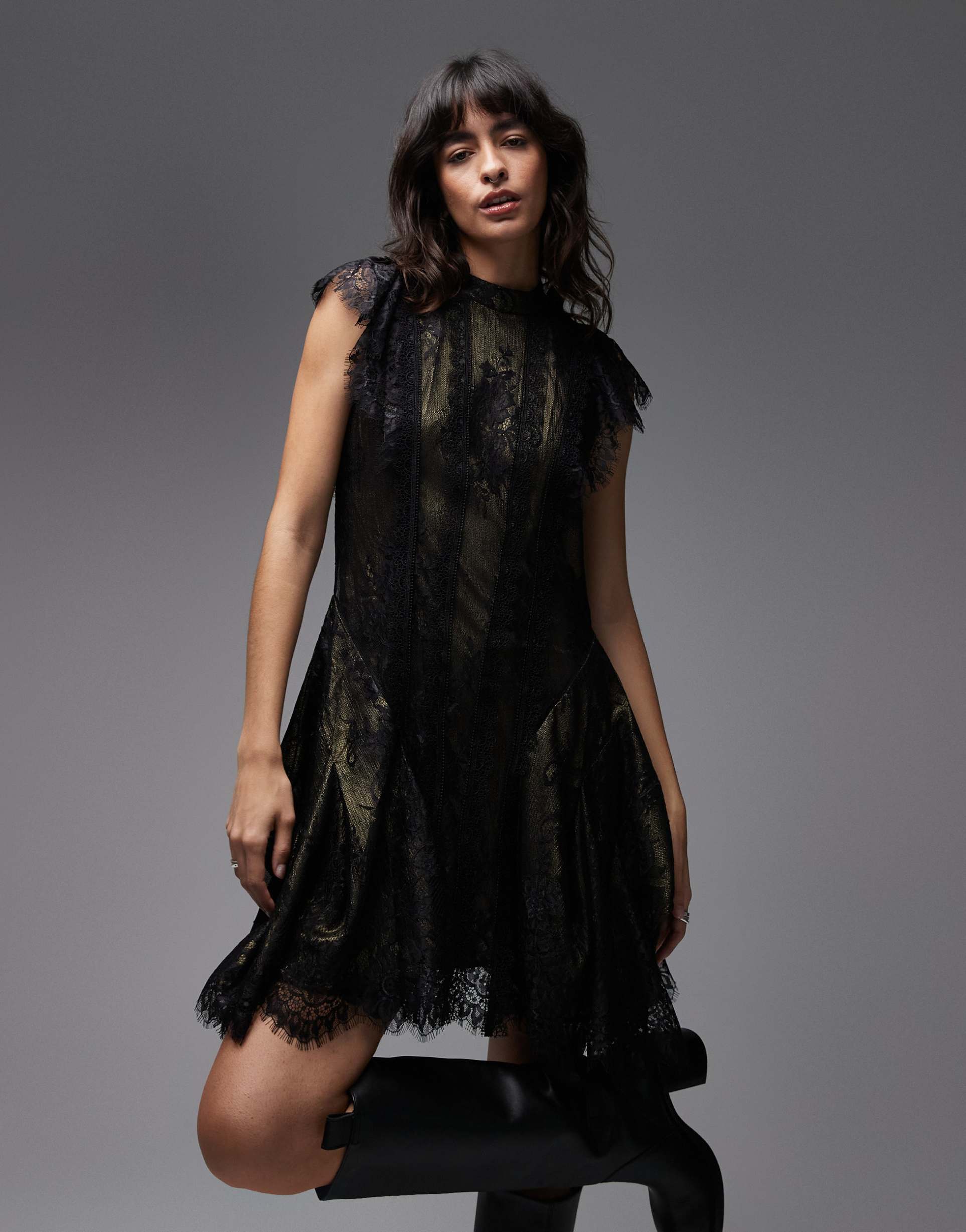 allsaints fleur lace and tulle mini dress in black and gold