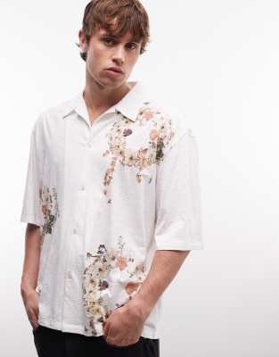 AllSaints Fleur Lis short sleeve camp collar floral shirt in ecru