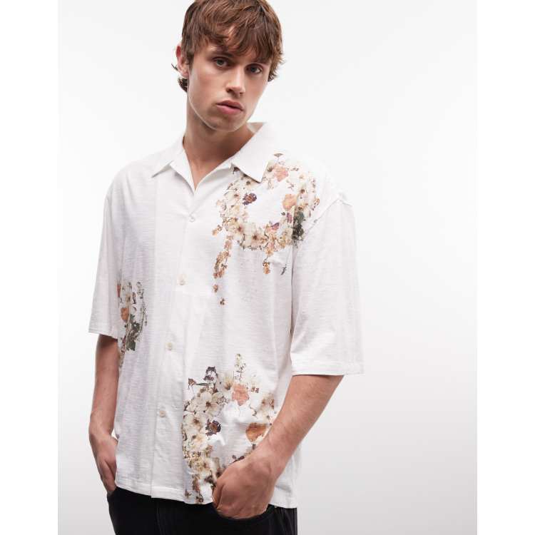 AllSaints Fleur Lis short sleeve camp collar floral shirt in ecru