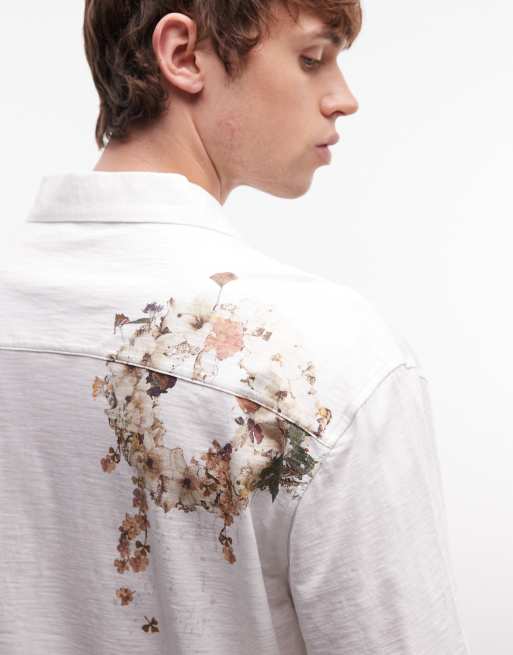 AllSaints Fleur Lis short sleeve camp collar floral shirt in ecru