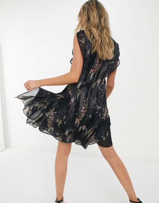 AllSaints Fleur Melisma floral print mini dress in black