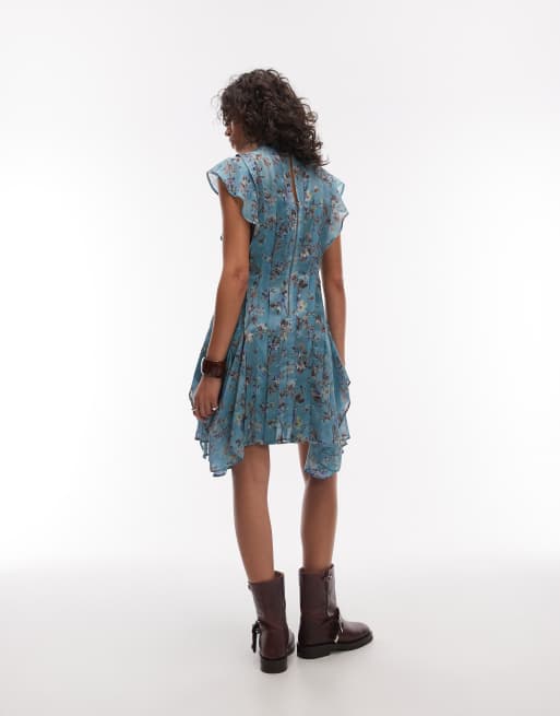 AllSaints - Fleur - Mini jurk met bloemenprint en ruches in blauw, 2 van 4