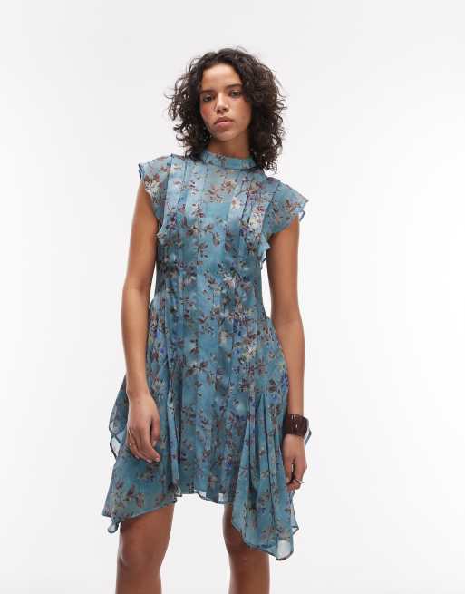 AllSaints - Fleur - Mini jurk met bloemenprint en ruches in blauw, 3 van 4