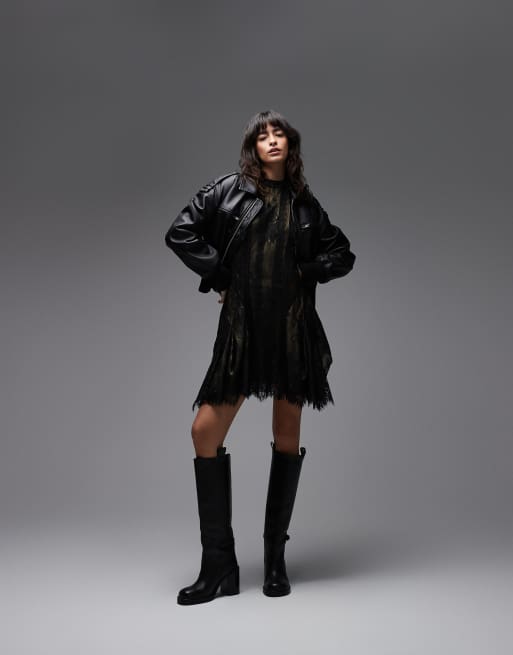 AllSaints - Fleur - Mini jurk met kant en tule in zwart en goud, 3 van 4
