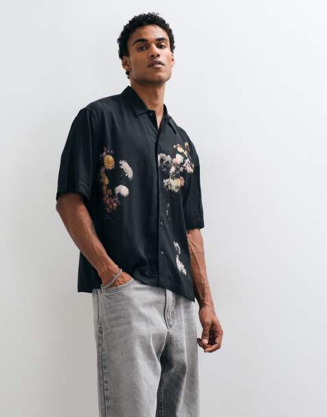 AllSaints Fleur short sleeve floral printed shirt in black - view 1