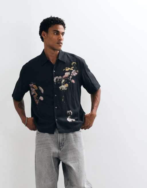 AllSaints Fleur short sleeve floral printed shirt in black, 4 of 5