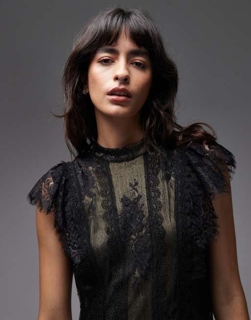 AllSaints - Fleur - Vestito corto in pizzo e tulle nero e oro, 2 di 4