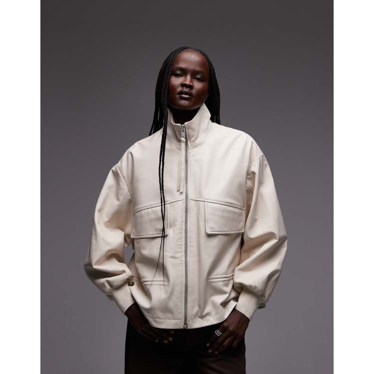 AllSaints Flor funnel neck leather bomber jacket in cream | ASOS