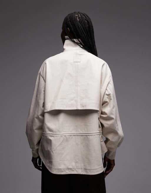 AllSaints Flor funnel neck leather bomber jacket in cream, 3 of 4