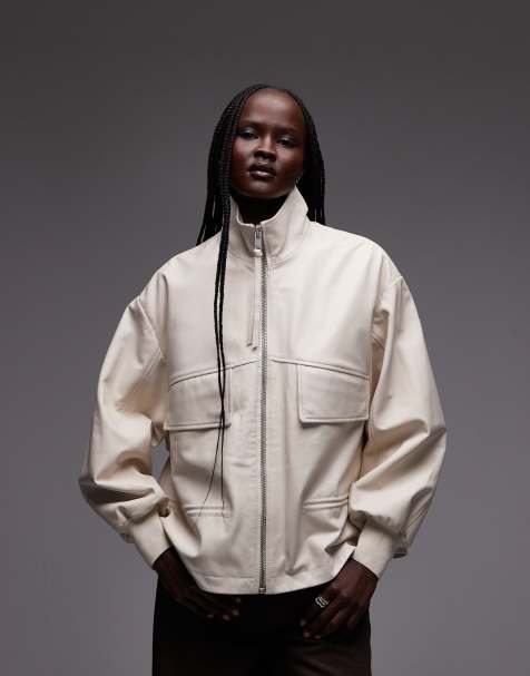 AllSaints - Flor - Giacca bomber accollata in pelle color panna - view 1
