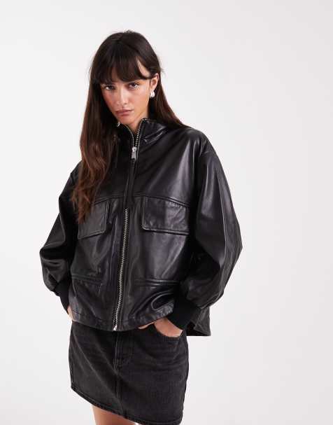 AllSaints Flor zip through cinched leather jacket in black