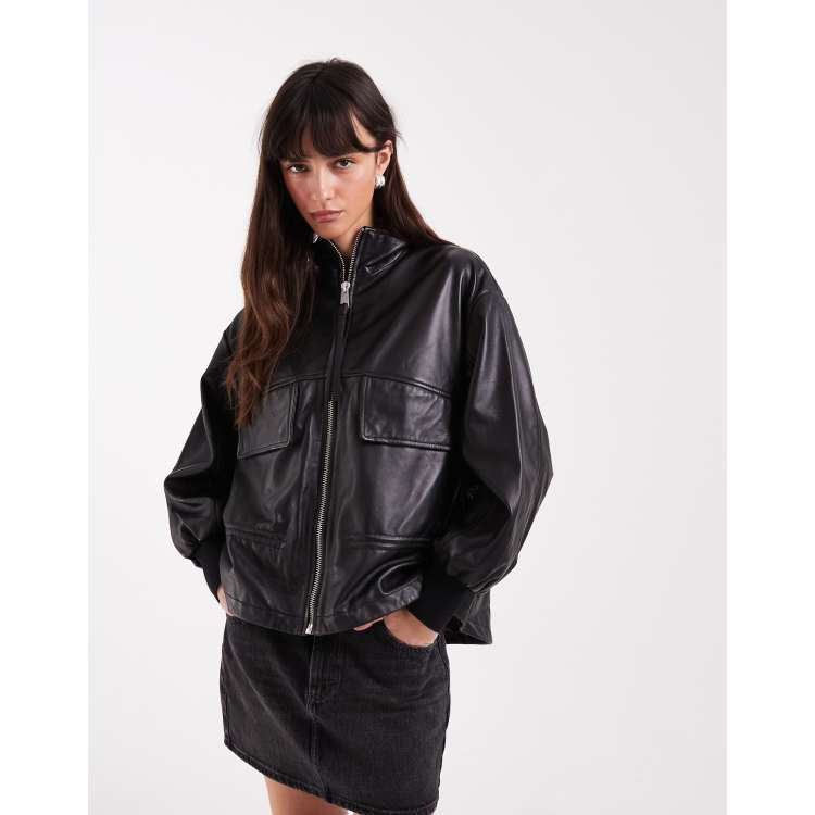AllSaints Flor zip up cinched leather jacket in black | ASOS