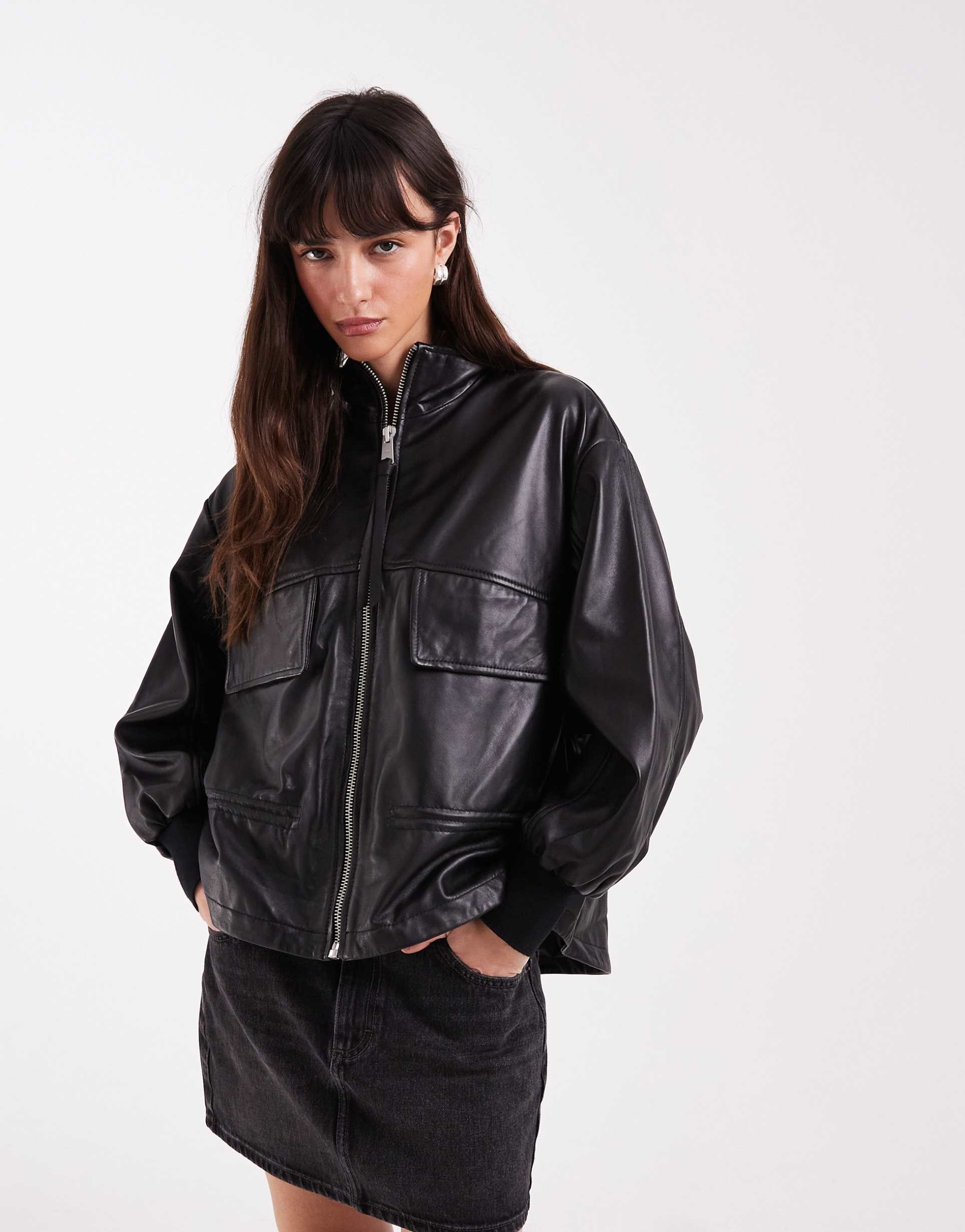 allsaints flor zip up cinched leather jacket in black