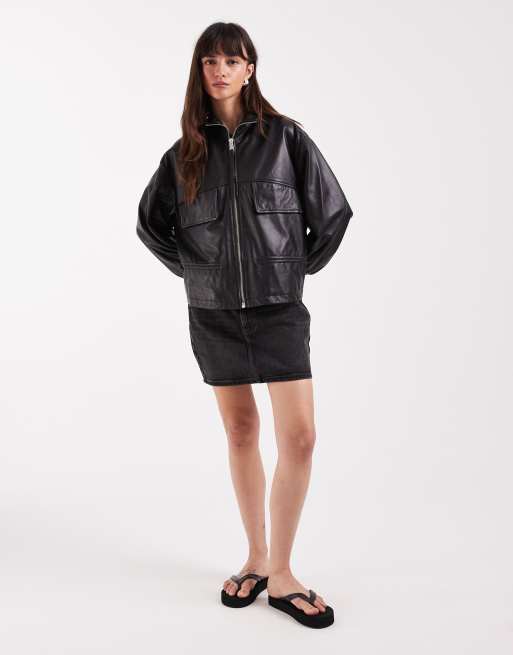 AllSaints Flor zip up cinched leather jacket in black | ASOS