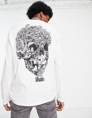 AllSaints Scull long sleeve top in white with back print Exclusive to ASOS