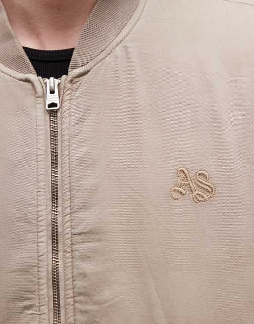 AllSaints Forres zip through logo bomber jacket in beige, 5 of 5