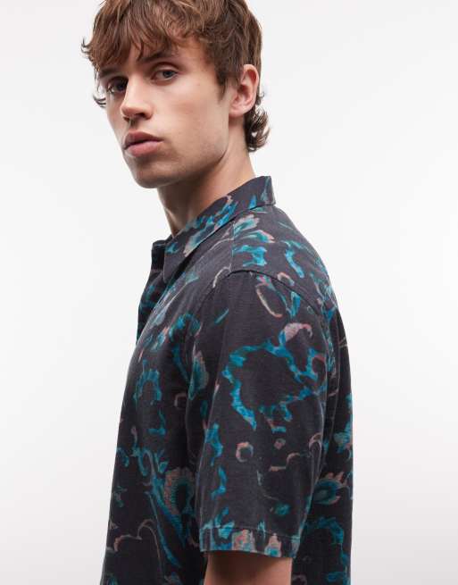 AllSaints Fortune short sleeve linen blend printed shirt in blue, 4 of 5