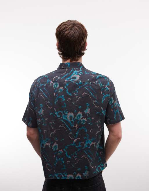 AllSaints Fortune short sleeve linen blend printed shirt in blue, 5 of 5